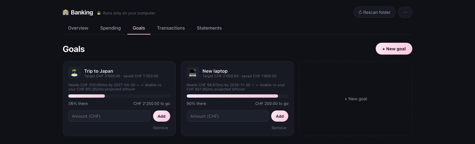 Goals tab: two savings goals with progress bars and feasibility against projected leftover